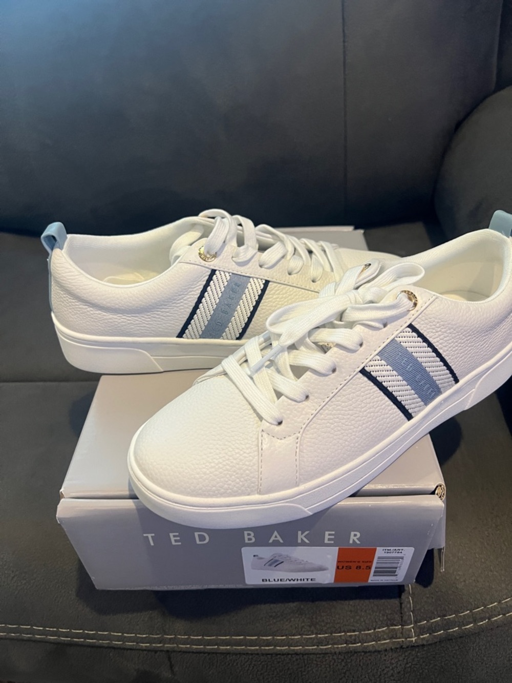 Ted Baker White Sneakers with Navy and Light Blue Stripes